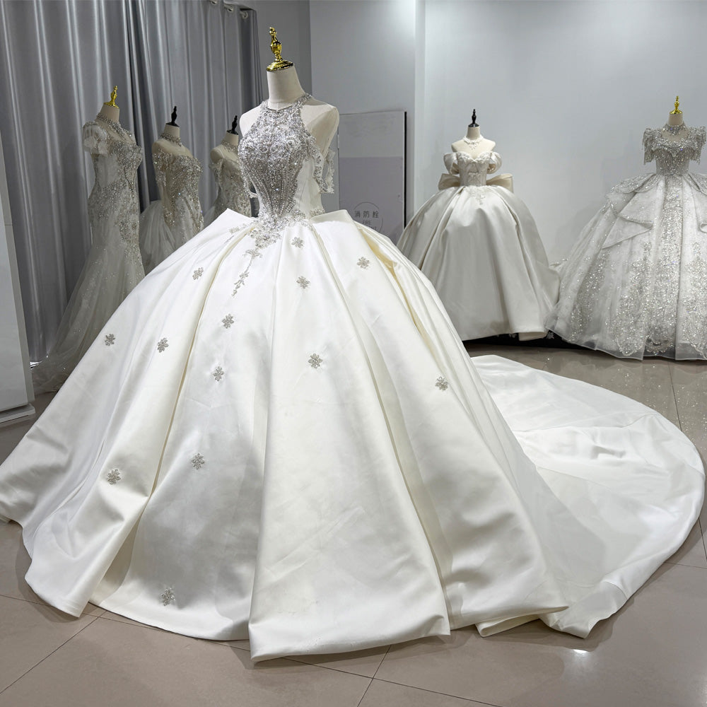 TW080 Wedding Dress Halter Sleeveless Keyhole Back Lace Up Crystal Beading Sequins Luxury Bridal Dress