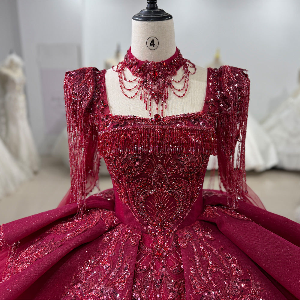 TW014 Lace Long Sleeve Square Callar Evening Dress Crystal Beaded Lace Up Back Red Long Dresses For Special Occasions