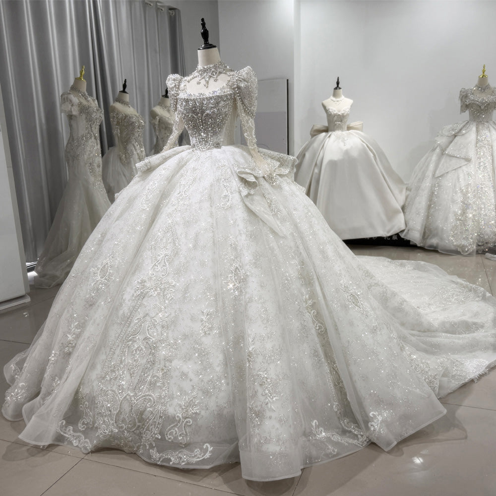 TW130 Robe De Mariée Femme Long Sleeve Wedding Dress Lace Up Back Ball Gown Embroidery Sequined Beading Crystal Bridal Dress