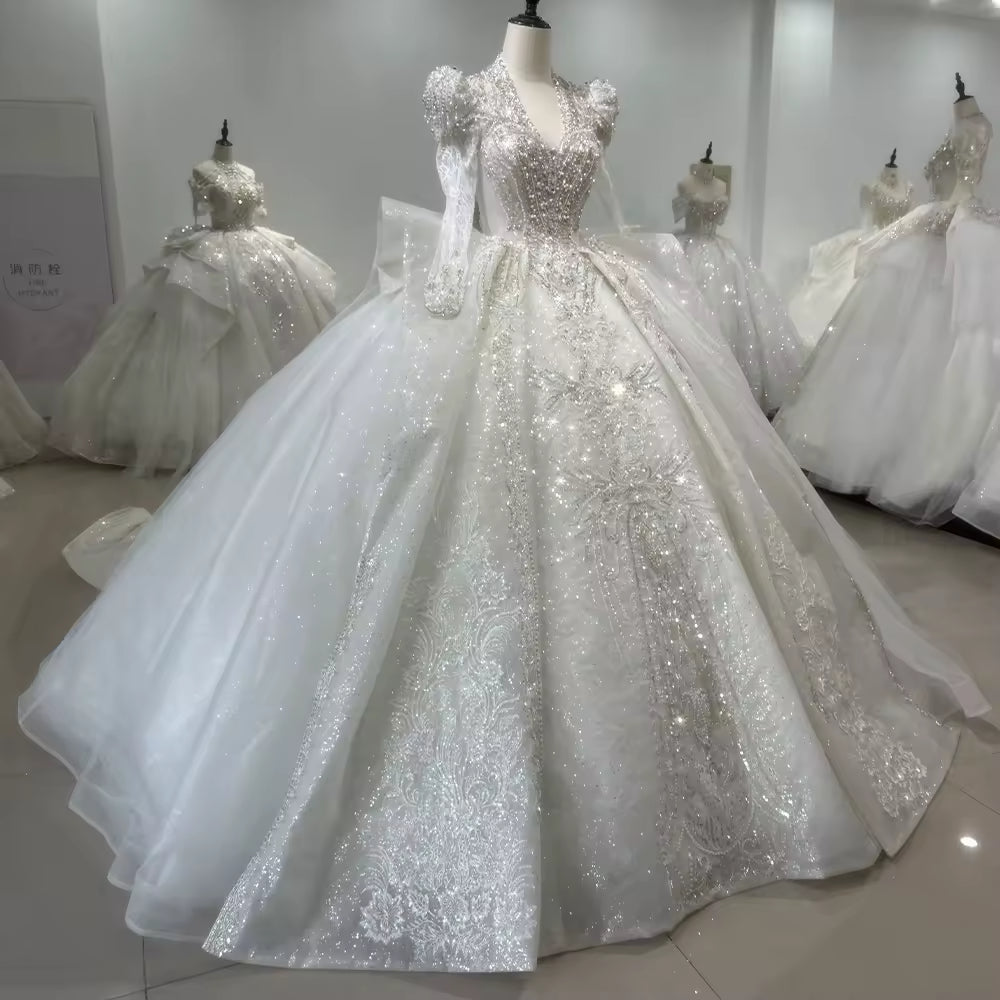 TW103 Vestido De Noiva Casamento Princesa Long Sleeve V-Neck Wedding Dress Lace Up Back Ball Gown Beading Crystal Bridal Dress