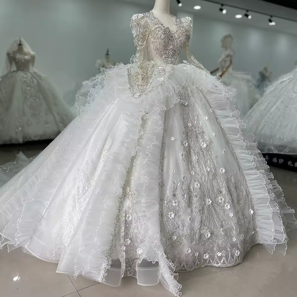 TW178 Vestidos Boda V-Neck Long Sleeve Wedding Dress Lace Up Keyhole Back Beading Crystal Ball Gown Bridal Dress