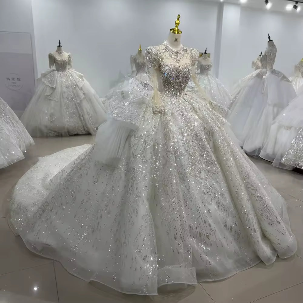 TW108 Suknia ślubna 2025 Long Sleeve High Neck Wedding Dress Lace Up Back Ball Gown Embroidery Beading Crystal Bridal Dress