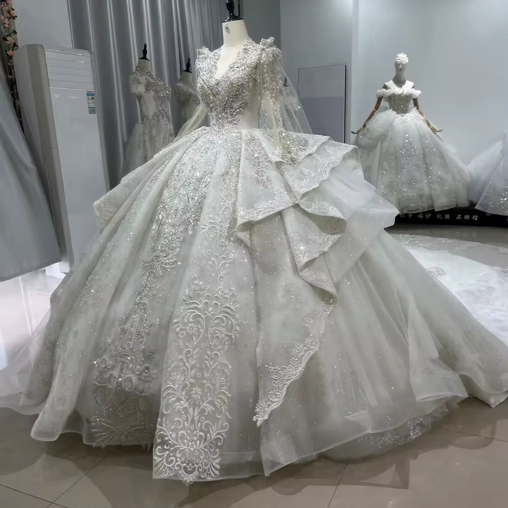 TW149 Vestido De Casamento Noiva Long Sleeve Scalloped V Neck Wedding Dress Lace Up Back Beading Crystal Ball Gown Bridal Dress