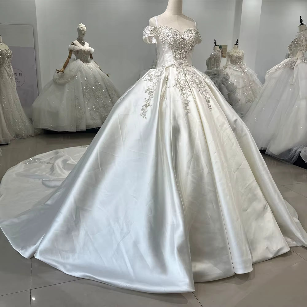 TW158 Vestido De Novia Encaje Off Shoulder Sweetheart Lace Up Back Wedding Dress Beading Embroidery Ball Gown Satin Bridal Dress