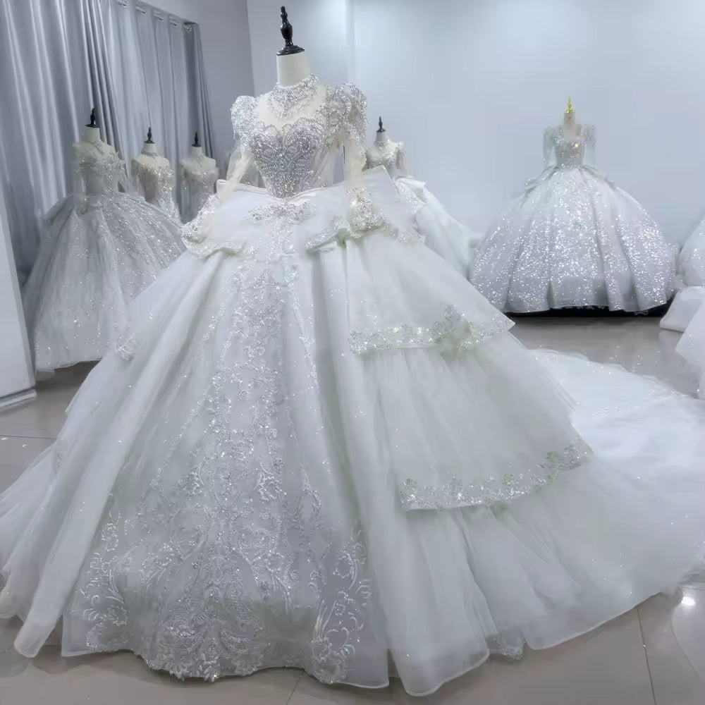 TW111 Vestido Noiva Casamento Civil Long Sleeve High Neck Wedding Dress Lace Up Back Ball Gown Tiered Beading Bow Bridal Dress
