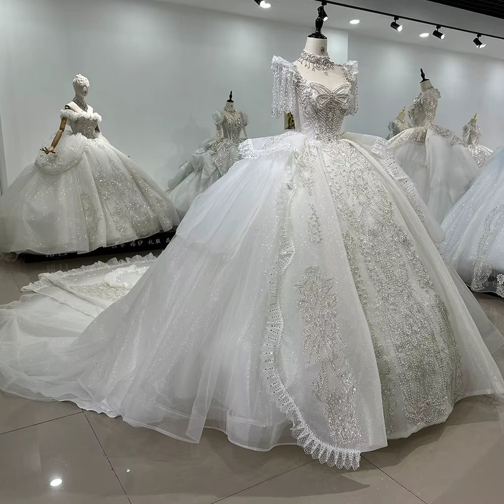 TW162 Robe Mariage 2025 Half Sleeve Sweetheart Lace Up Back Wedding Dress Bow Beading Sequined Star Crystal Ball Gown Bridal Dress