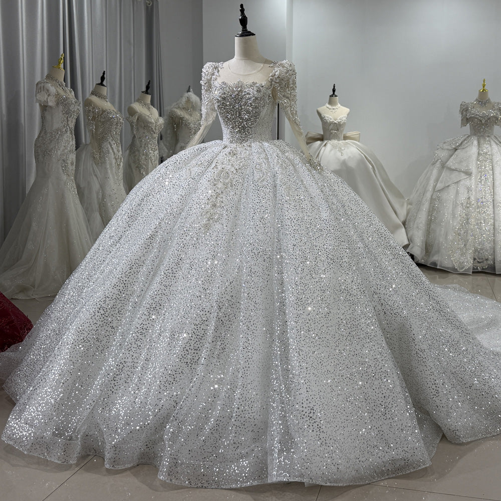 TW127 Vestidos De Noiva Casamento Long Sleeve O-Neck Keyhole Back Wedding Dress Beading Sequins Crystal Ball Gown Siver Bridal Dress