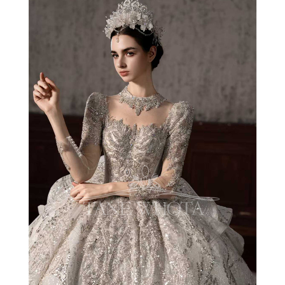 TW546 Women's Luxury Wedding Dress With High Long Sleeves Sequined Beading Ball Gown Customized Bridal Gown For Special Occasions