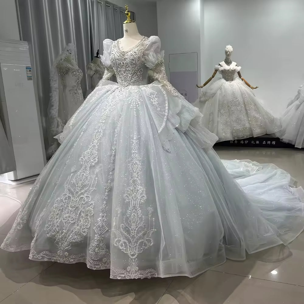 TW187 White Dress Bridal V-Neck Long Or Half Sleeve Wedding Dress Lace Up Back Beading Crystal Embroidery Ball Gown Bridal Dress