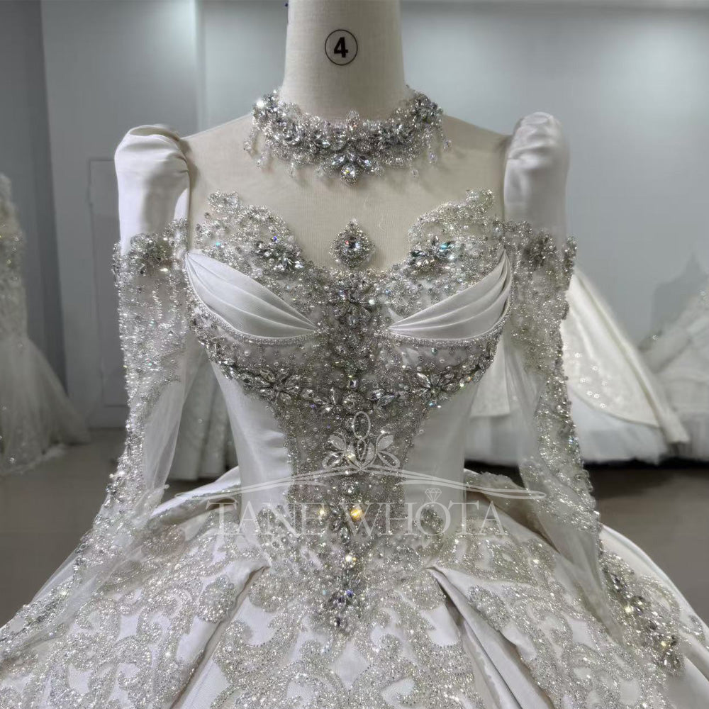 TW487 New Arrival Satin Wedding Dress Long Sleeves Lace Up Back High Neck Crystal Ball Gown Elegant Bridal Dress