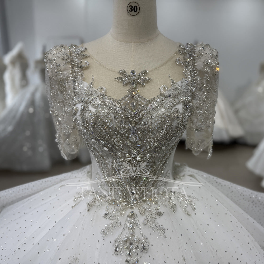 TW333 Bridal Wedding Dress O-Neck Half Sleeve Lace Up Back Ball Gown Weeding Dress Sequined Beading Crystal Luxury Bridal Dress