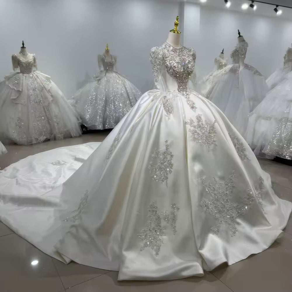 TW101 Satin Wedding Dress High Long sleeve Lace Up Back Customized Wedding Dress Beading Crystal 2025 New Bride Wedding Dresses