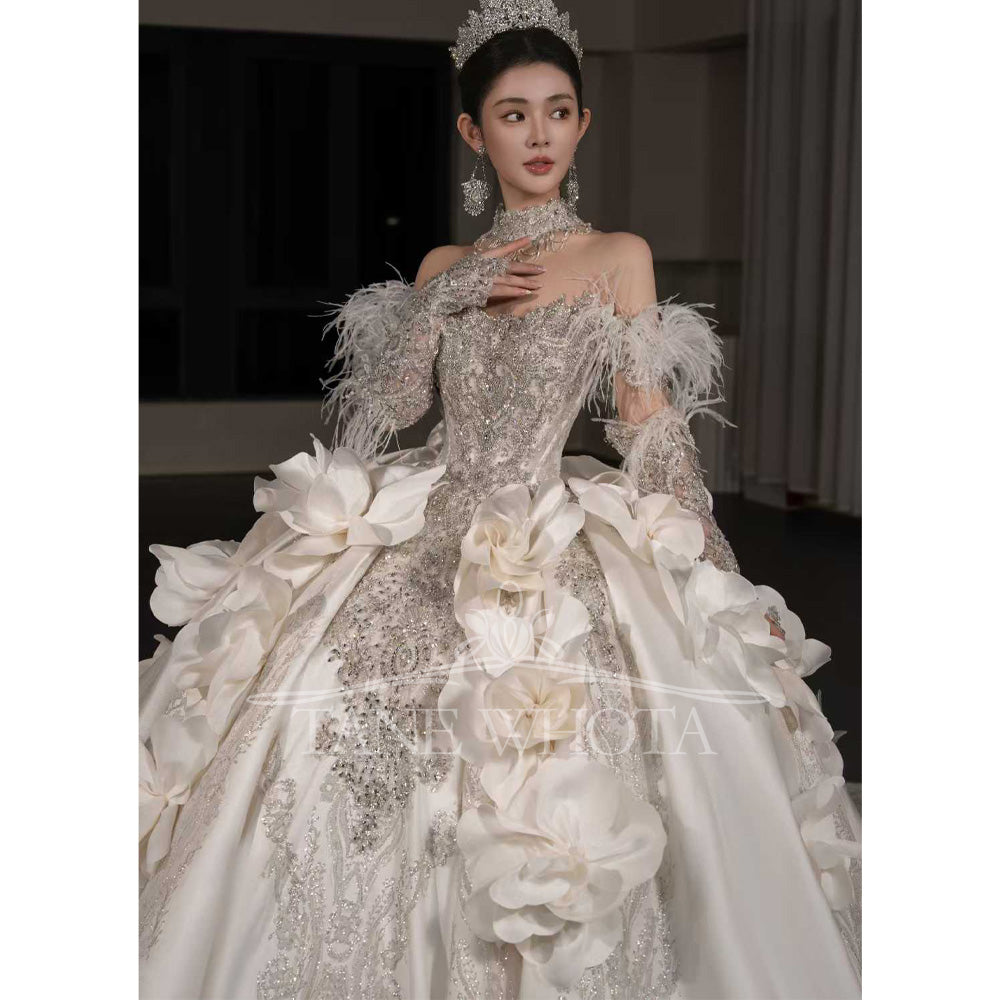 TW665 Sweetheart Off-Shoulder Beaded Sequined 3D Flower Feather Wedding Dress Customized Gown For Brides 2026