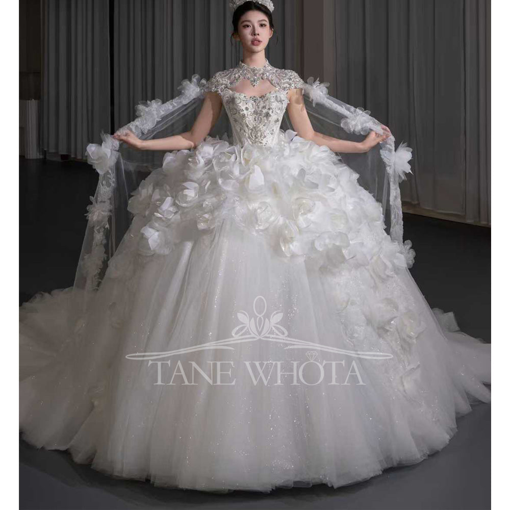 TW679 Luxury High Cap Sleeve Sequined 3D Flower Embroidery Wedding Dress Sexy Customized Vestidos De Novia 2026