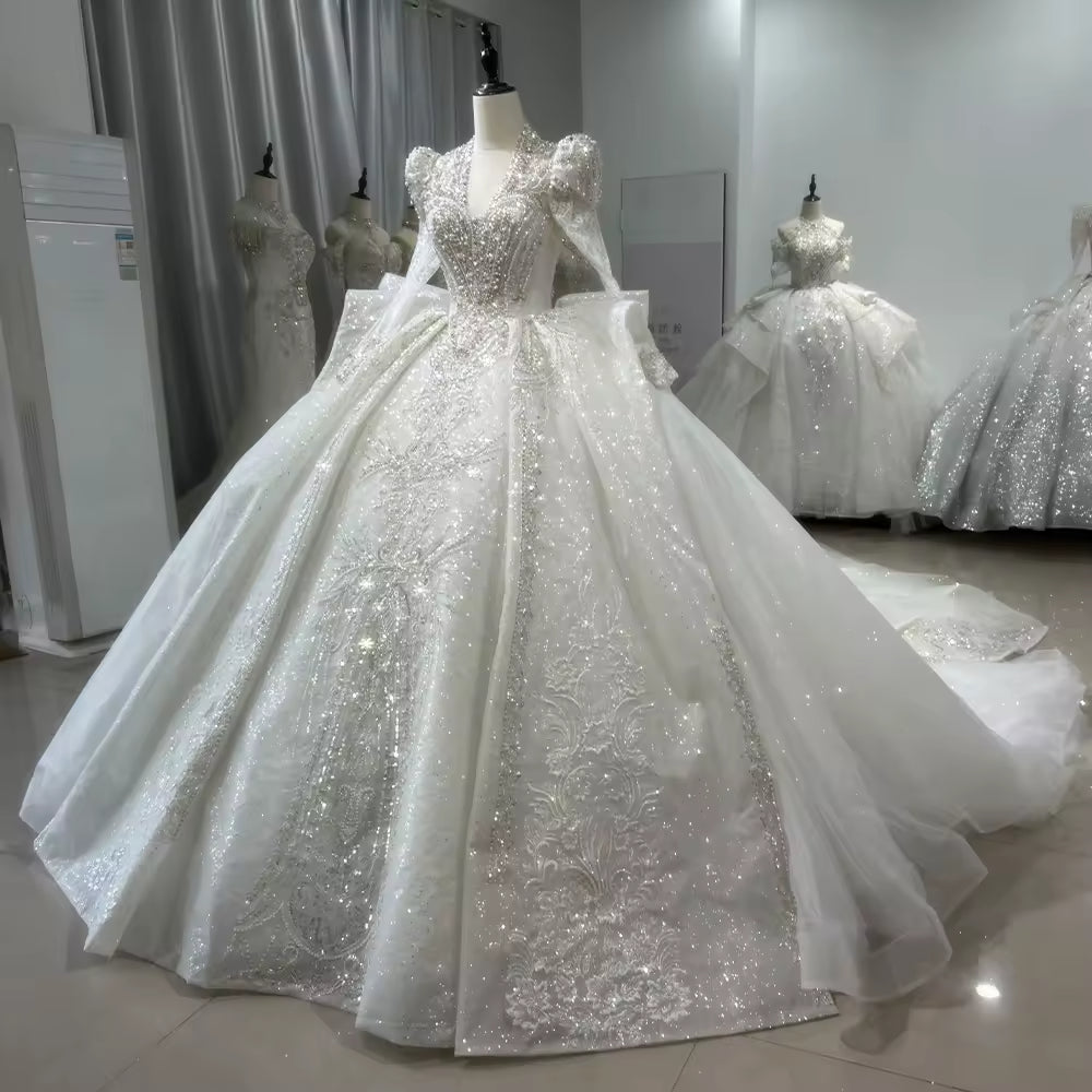 TW103 Vestido De Noiva Casamento Princesa Long Sleeve V-Neck Wedding Dress Lace Up Back Ball Gown Beading Crystal Bridal Dress