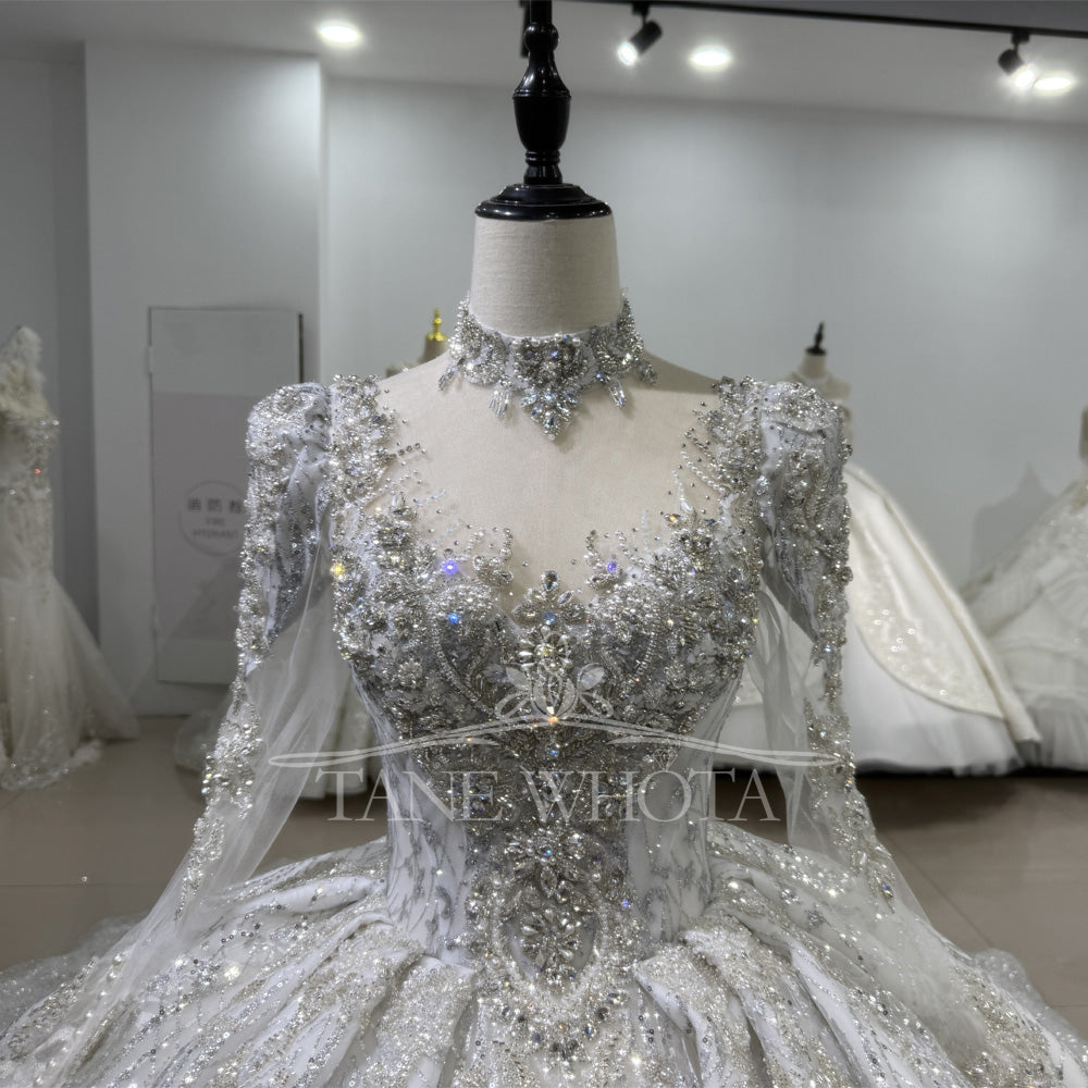 TW486 Elegant Silver Wedding Gowns Long Sleeve High Neck Ball Gown Crystal Silver Lace Sequins Bridal Dress Long Train