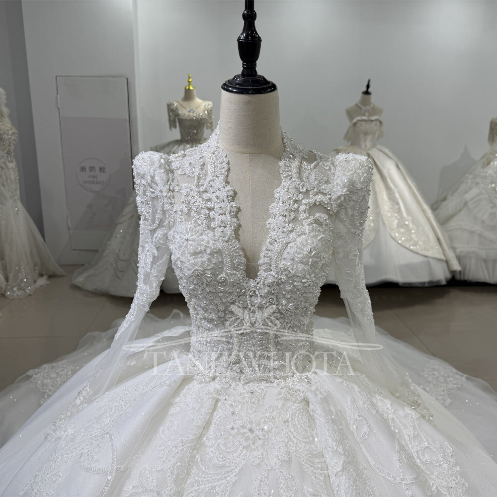 TW532 Scalloped Long Sleeve Beaded Bridal Wedding Dress Lace-Up Back Customized Ball Gown For Women Vestido De Noiva