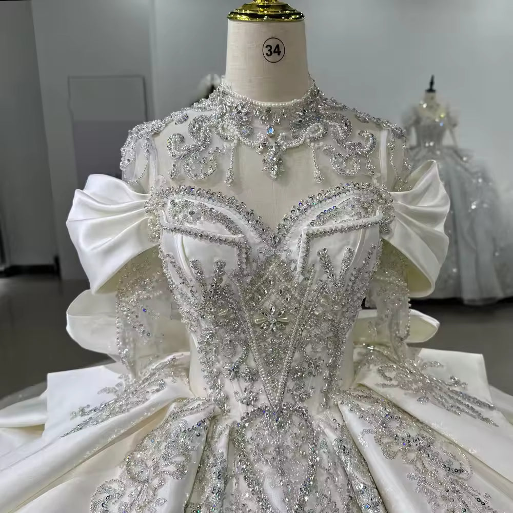 TW171 Robe De Mariée Civil Three Quarter Sleeve High Lace Up Back Bow Wedding Dress Beading Sequined Crystal Ball Gown Bridal Dress