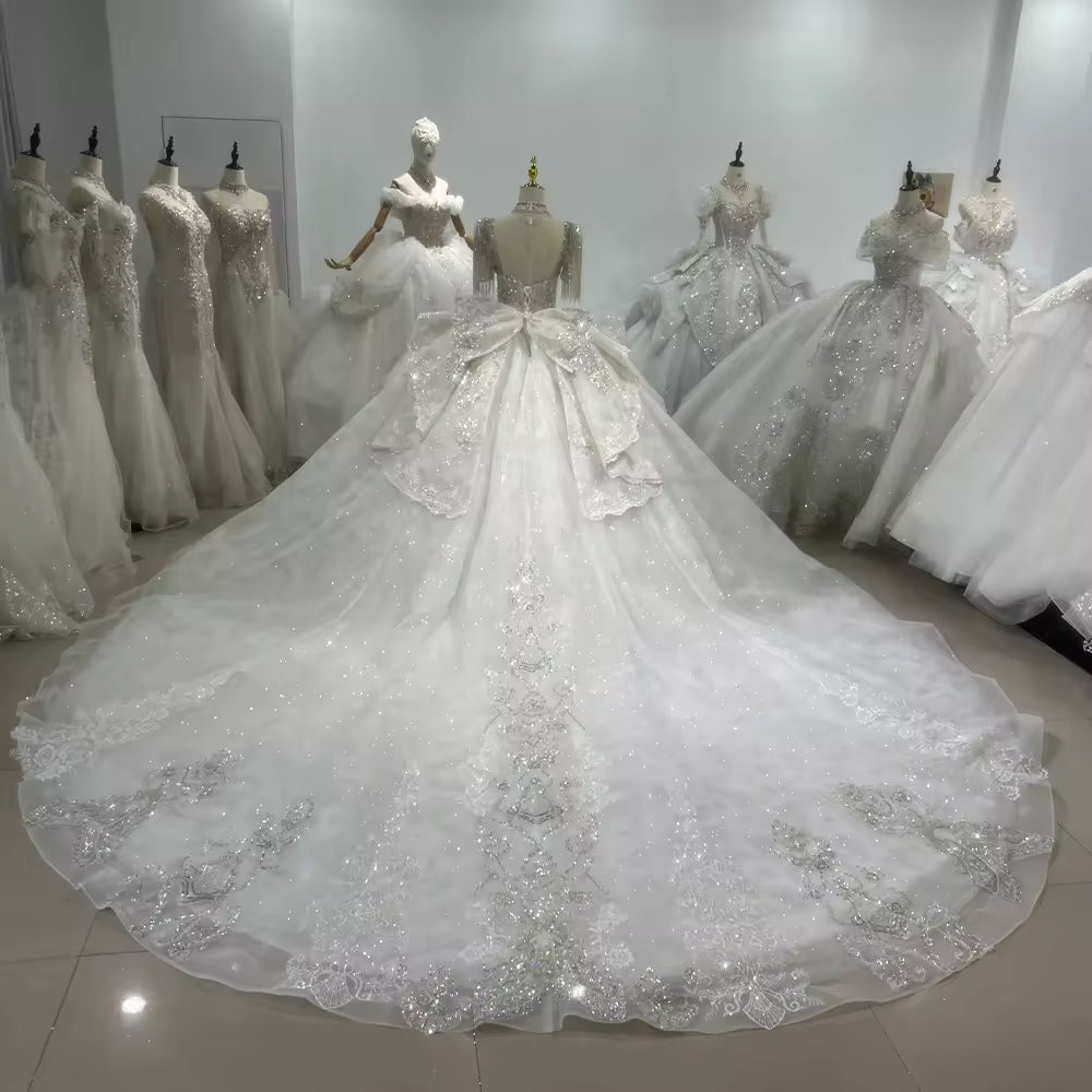 TW106 Bridal Dresses Short Sleeve O neck Wedding Dress Lace Up Back Ball Gown Bow Tassel Beading Crystal Embroidery Bridal Dress