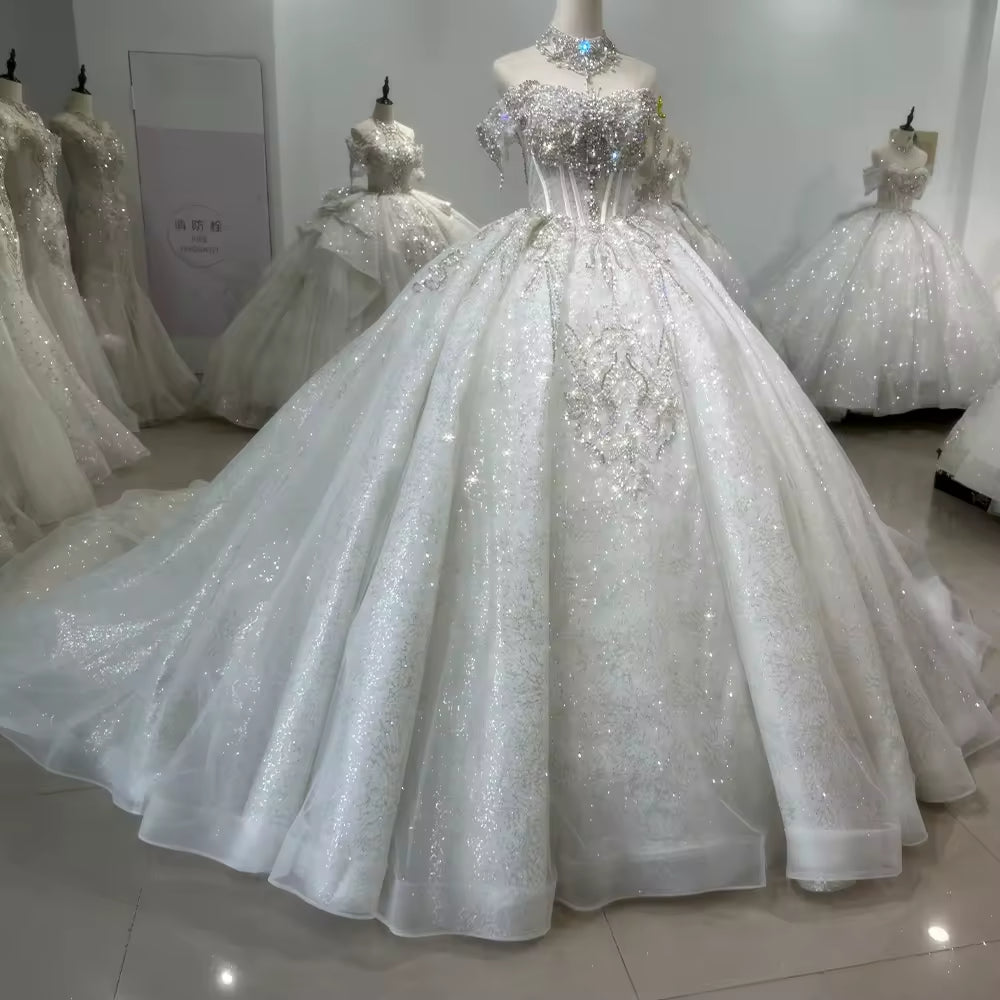 TW136 Civil Wedding Dress Sleeveless Off Shoulder Lace Up Back Wedding Dress Beading Sequined Crystal Ball Gown Bridal Dress