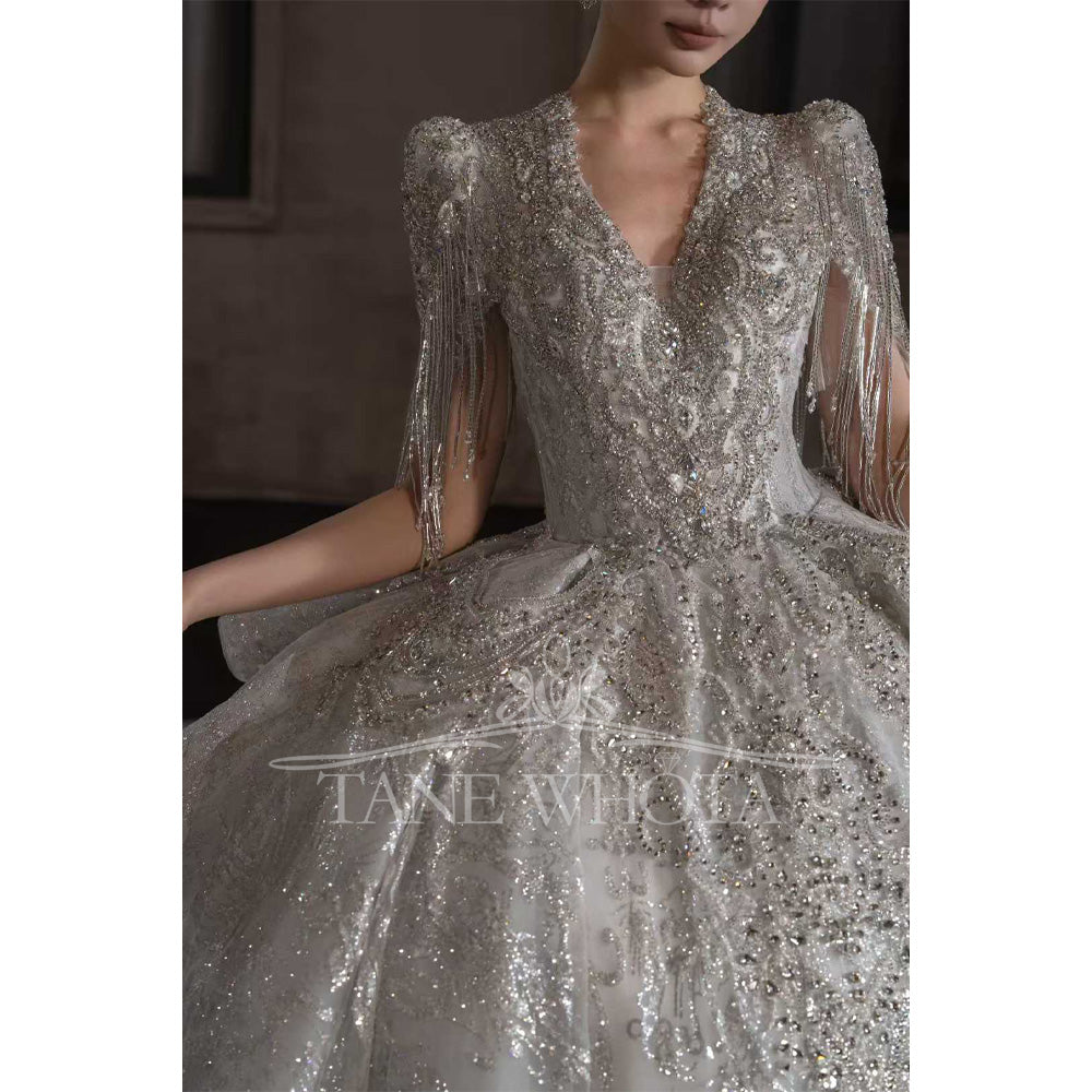 TW658 V-Neck Short Sleeve Crystal Ball Gown Wedding Dress Beaded Sequined Sexy Embroidery Customized