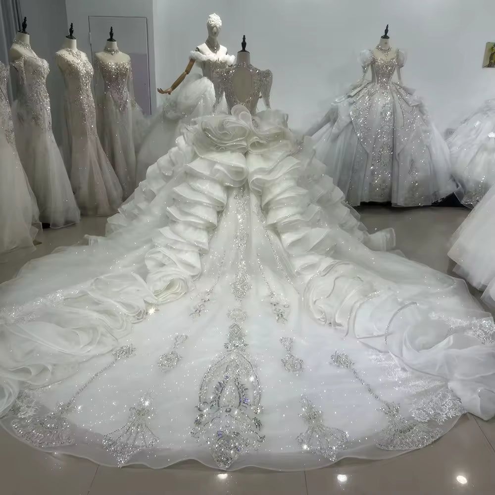 TW105 Robes De Mariée Sur Mesure Long Sleeve V-Neck Wedding Dress Lace Up Back Ball Gown Sequined Beading Bridal Dress
