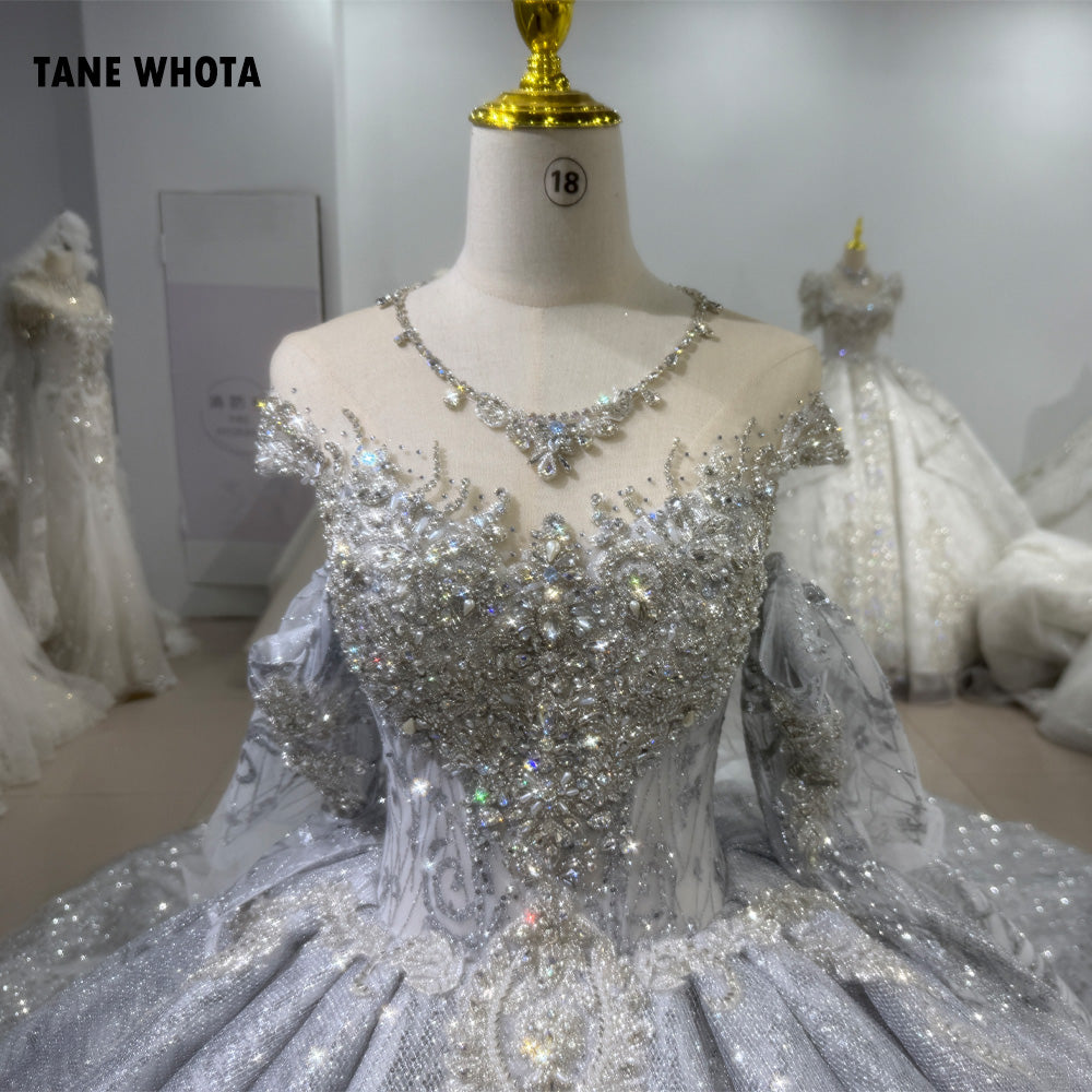 TW224 Noiva Vestido De Casamento 2025 Cap Sleeve O-Neck Wedding Dress Lace Up Keyhole Back Beading Embroidery Silver Bridal Dress