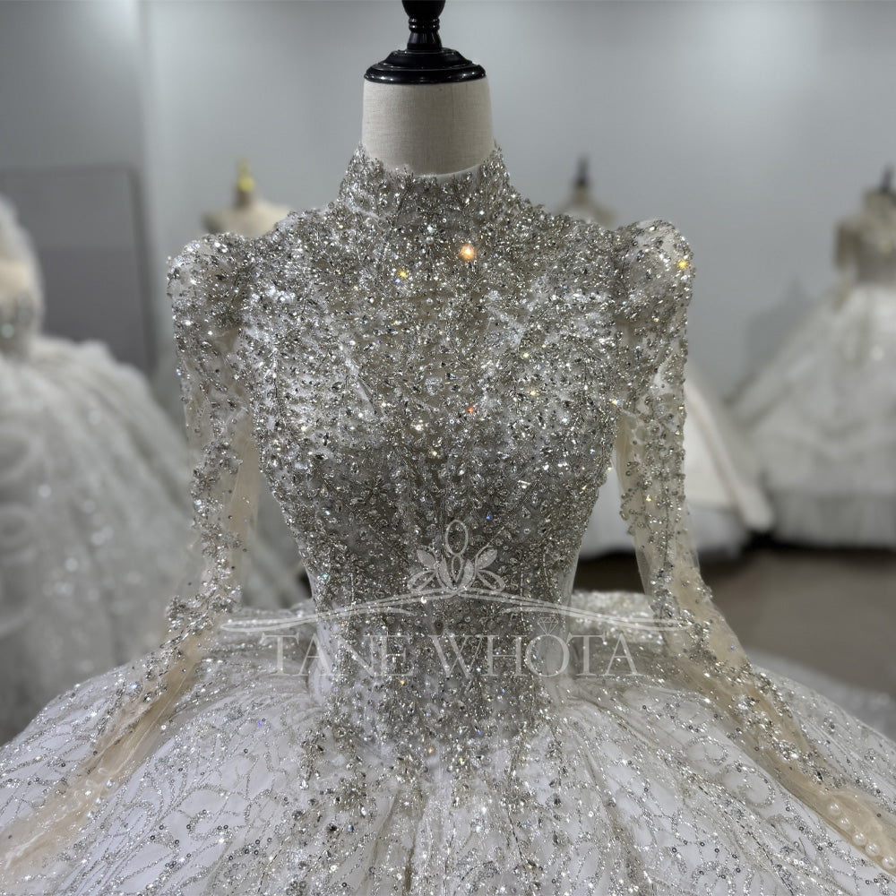 TW628 Vestidos Boda High Long Sleeve Crystal Sequined Wedding Dress Lace-Up Keyhole Back Customized Ball Gown For Brides