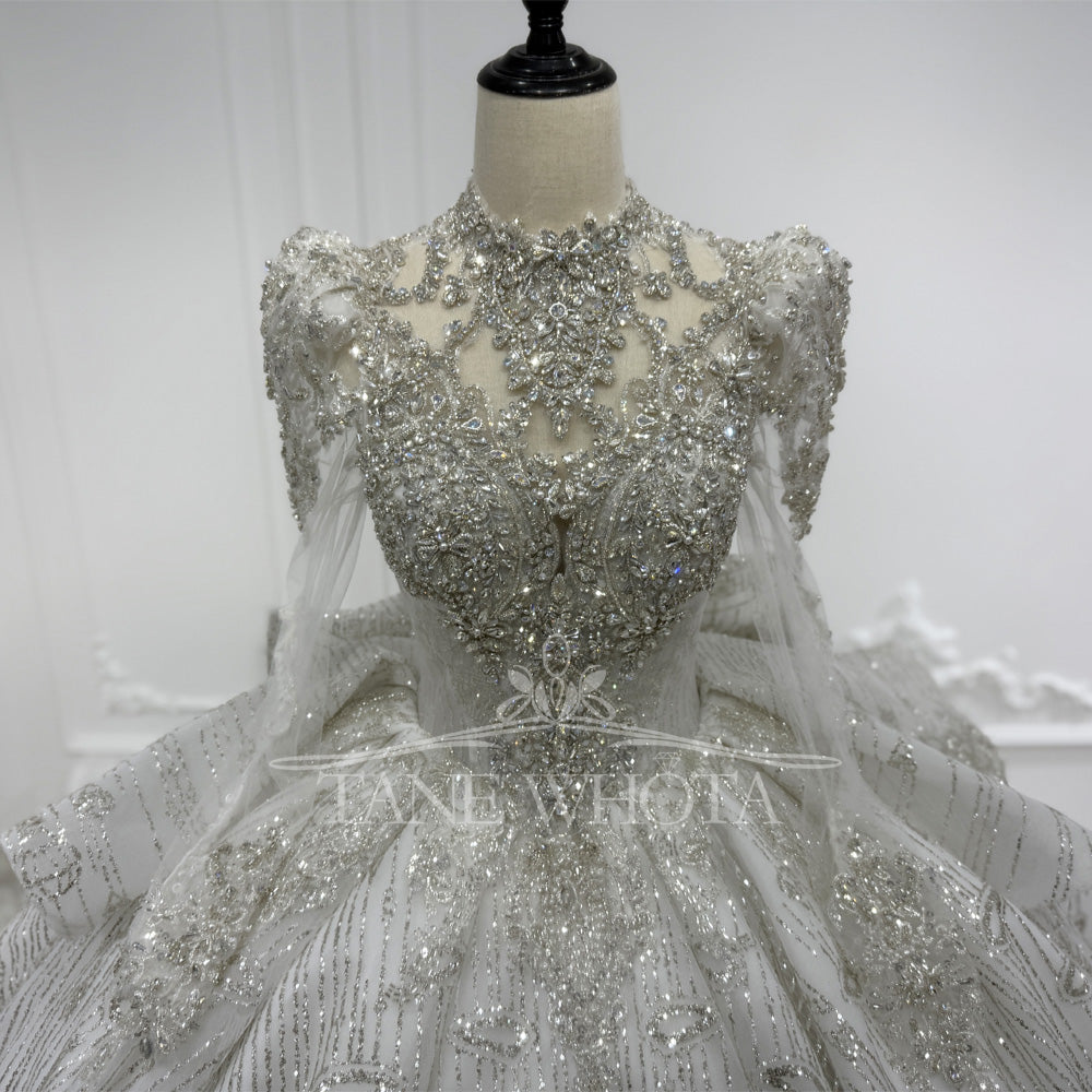 TW713 Luxury Crystal Sequined Bridal Wedding Dress With High Long Sleeves Lace-Up Keyhole Back Bow Detail Customized Ball Gown