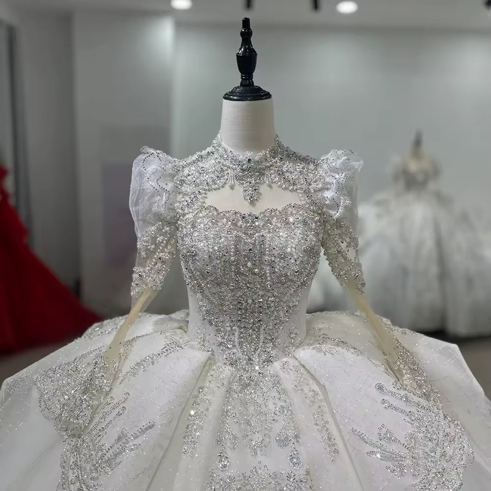 TW137 Vestido De Novia Princesa High Long Sleeve Wedding Dress Lace Up Keyhole Back Sequined Beads Ball Gown Bridal Dress