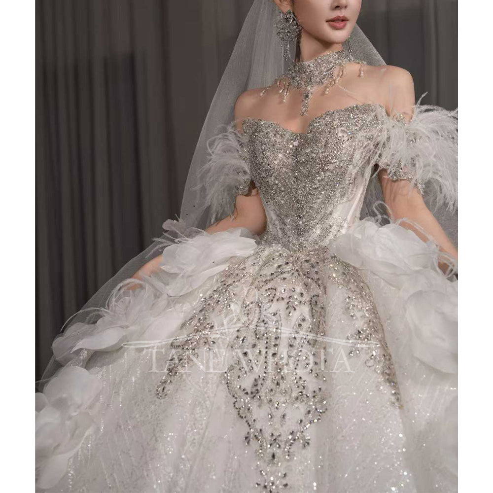 TW664 Elegant Sweetheart Off-Shoulder Beaded Sequined Feathers Wedding Dress Customized Bridal Gown