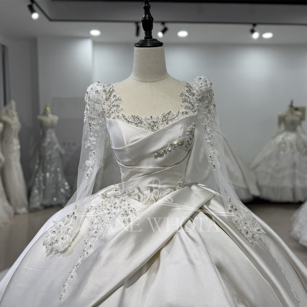 TW647 Crystal Embroidery Square Collar Long Sleeve Wedding Dress With Lace-Up Back Customized Ball Gown For Civil Wedding