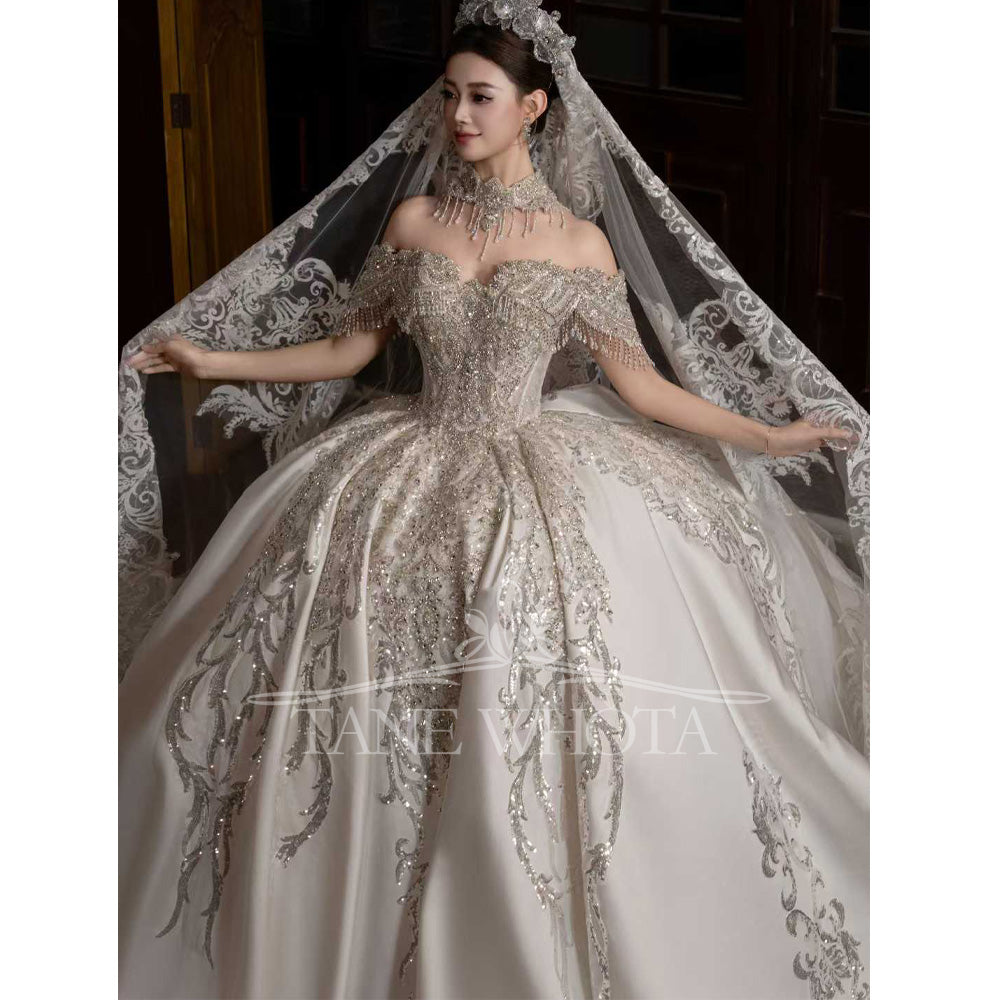 TW671 Customized Sweetheart Off-Shoulder Beaded Sequined Ball Gown Wedding Dress Elegant Floor-Length Bridal Gown