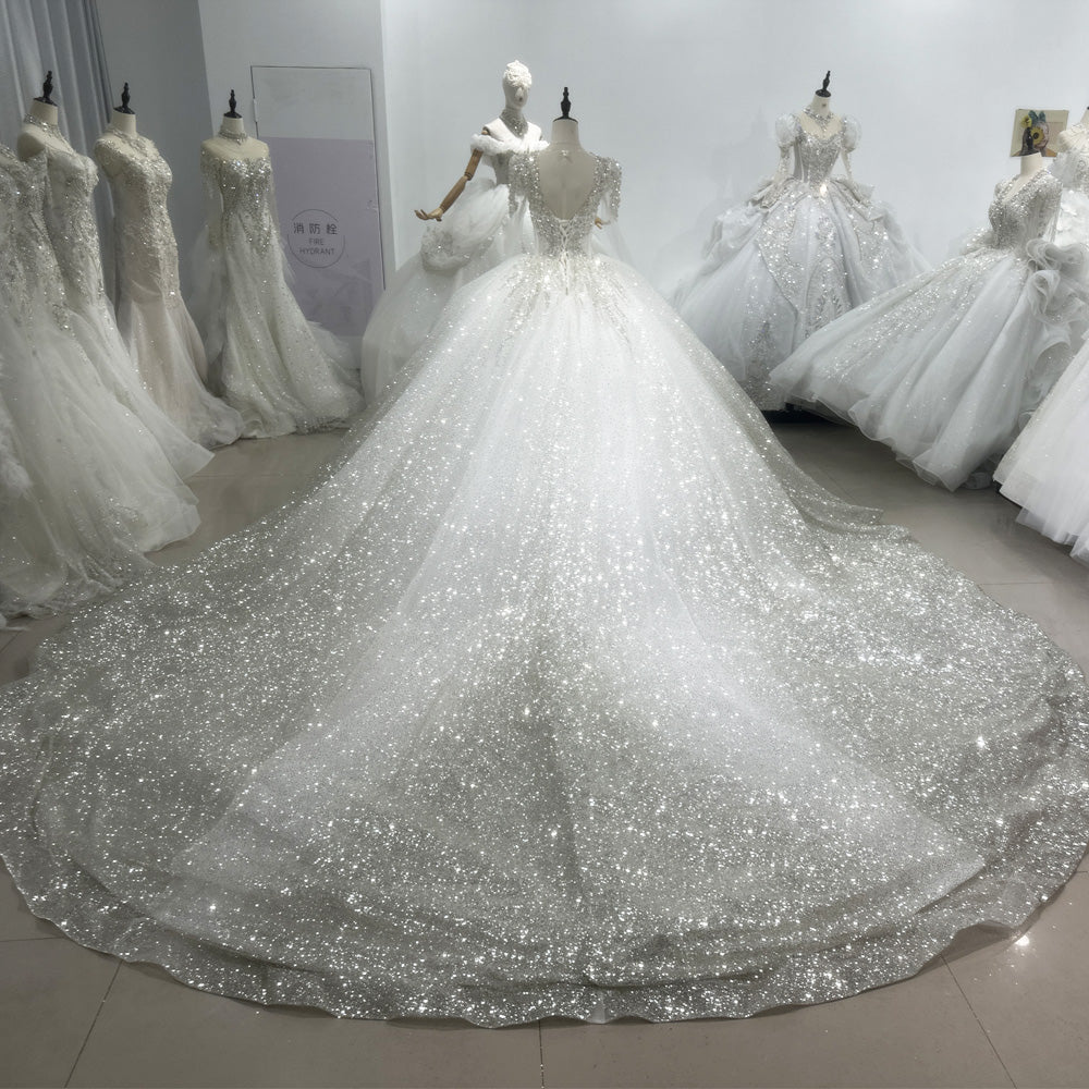 TW089 Silver Wedding Dress Luxo Long Sleeve O-Neck Lace Up Back Beading Sequins Star Crystal Ball Gown Bridal Dress
