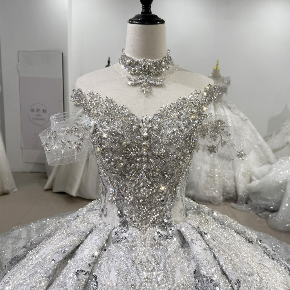 TW129 Luxury Silver Wedding Dress O-Neck Lace Up Keyhole Back Beading Crystal Embroidery Ball Gown Bridal Dress