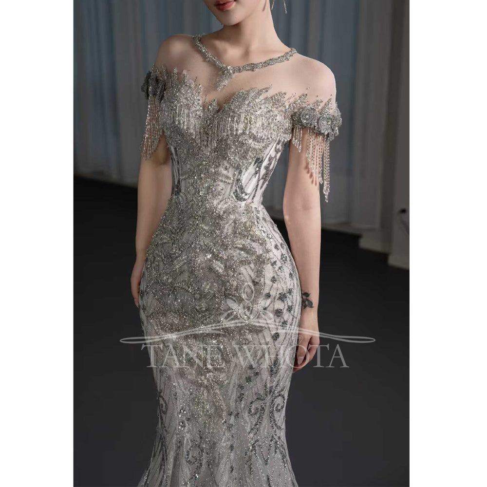 TW670 Luxury O-Neck Short Sleeve Wedding Dress With Lace Up Keyhole Back Embroidery Beading Sequined Tassel Sheath Customized