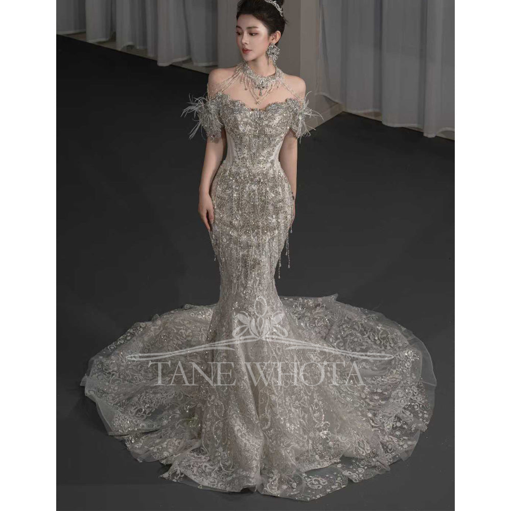 TW668 Customizable Halter Off-Shoulder Sequined Beaded Crystal Sheath Wedding Dress Luxury Bridal Gown