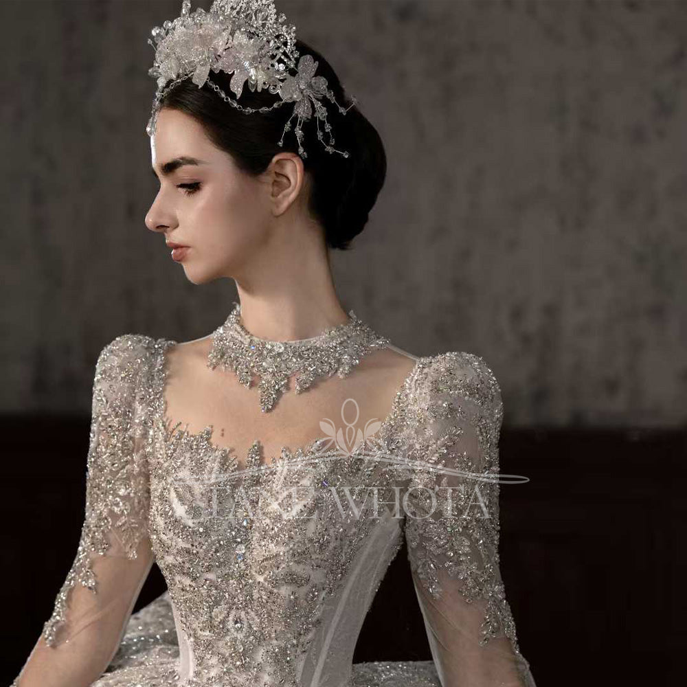 TW546 Women's Luxury Wedding Dress With High Long Sleeves Sequined Beading Ball Gown Customized Bridal Gown For Special Occasions