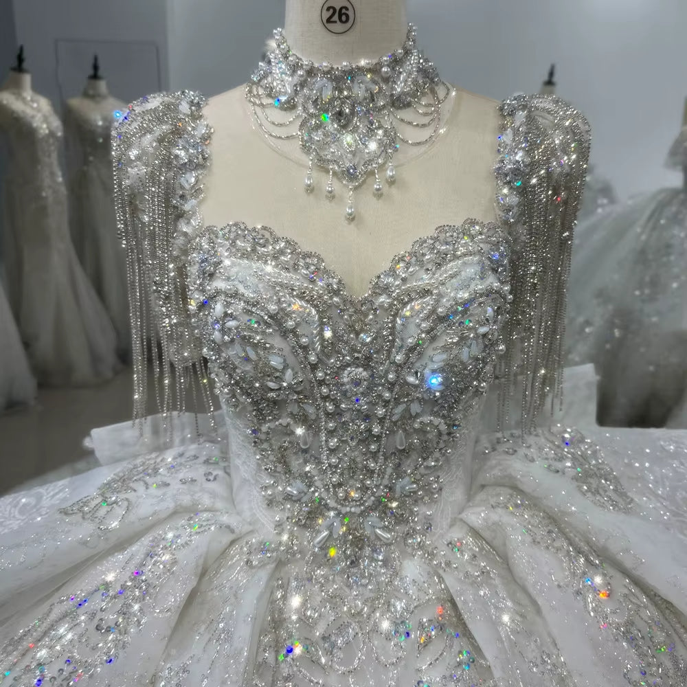 TW188 Robe Mariee Wedding Dress Lace Up Keyhole Back Beading Crystal Short Tassel Sleeves Ball Gown Bridal Dress