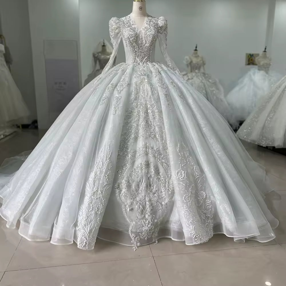 TW176 Vestido Para Boda Civil Ball Gown Wedding Dress V-Neck Long Sleeve Lace Up Back Beading Sequined Elegant Wedding Dress