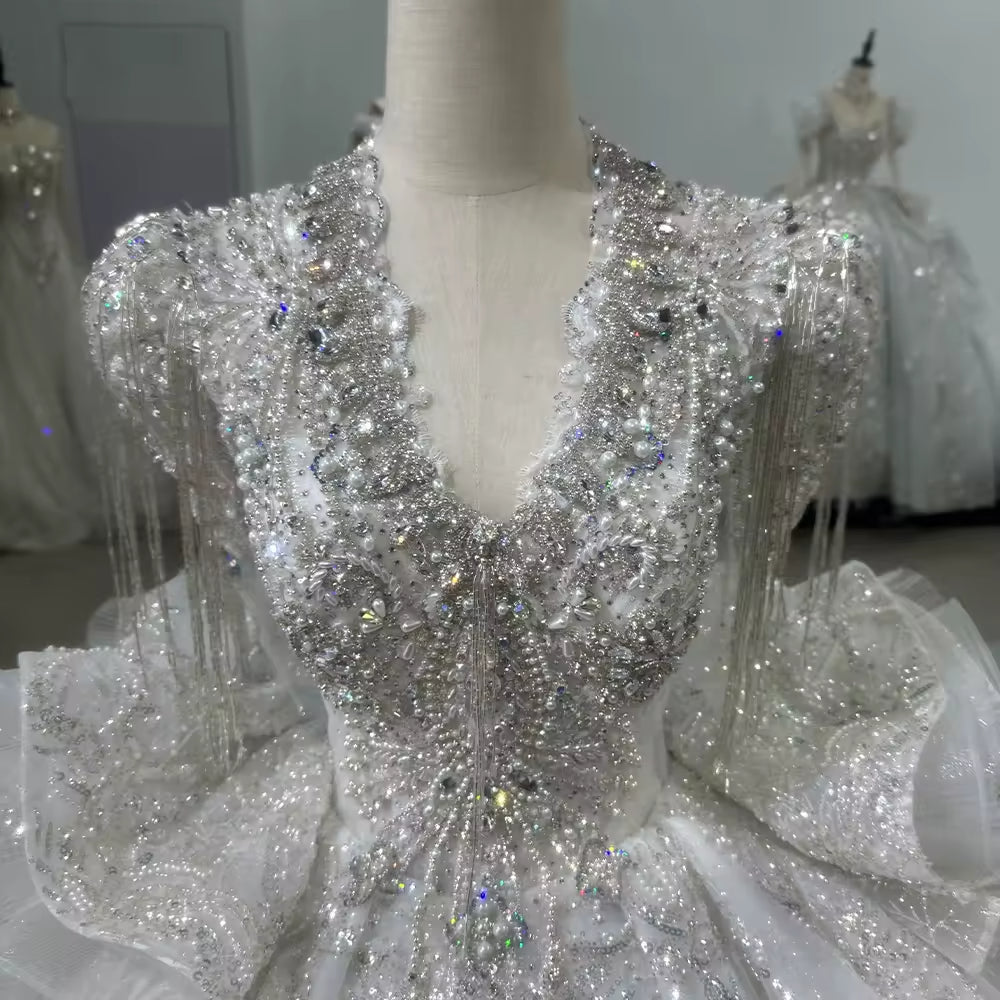 TW159 Vestidos De Noivas Tassel Short Sleeve Scalloped Wedding Dress Lace Up Keyhole Back Beading Embroidery Ball Gown Bridal Dress