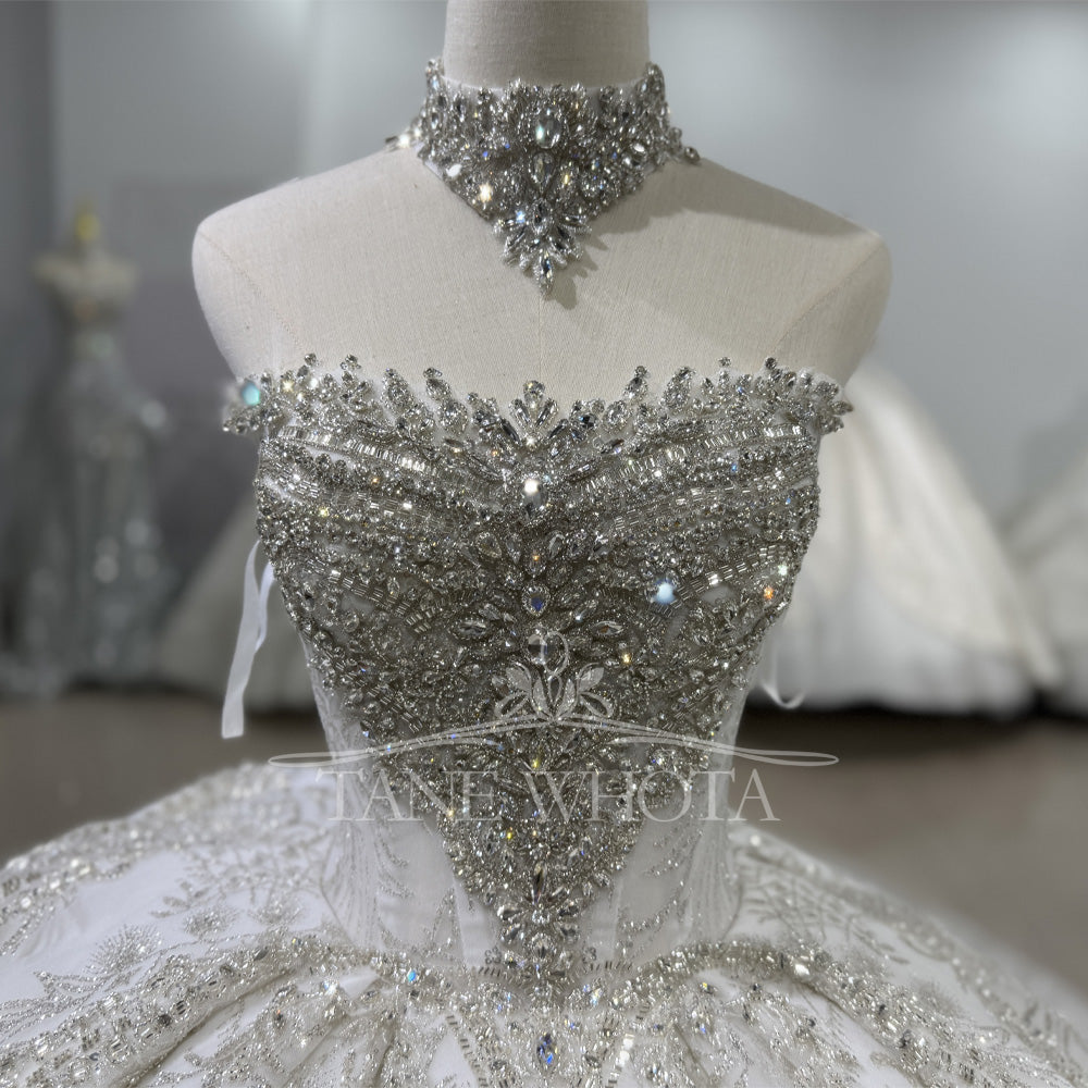 TW578 Women's Strapless Sleeveless Crystal Sequined Bridal Wedding Dress Lace-Up Back Customized Ball Gown Vestido De Noiva