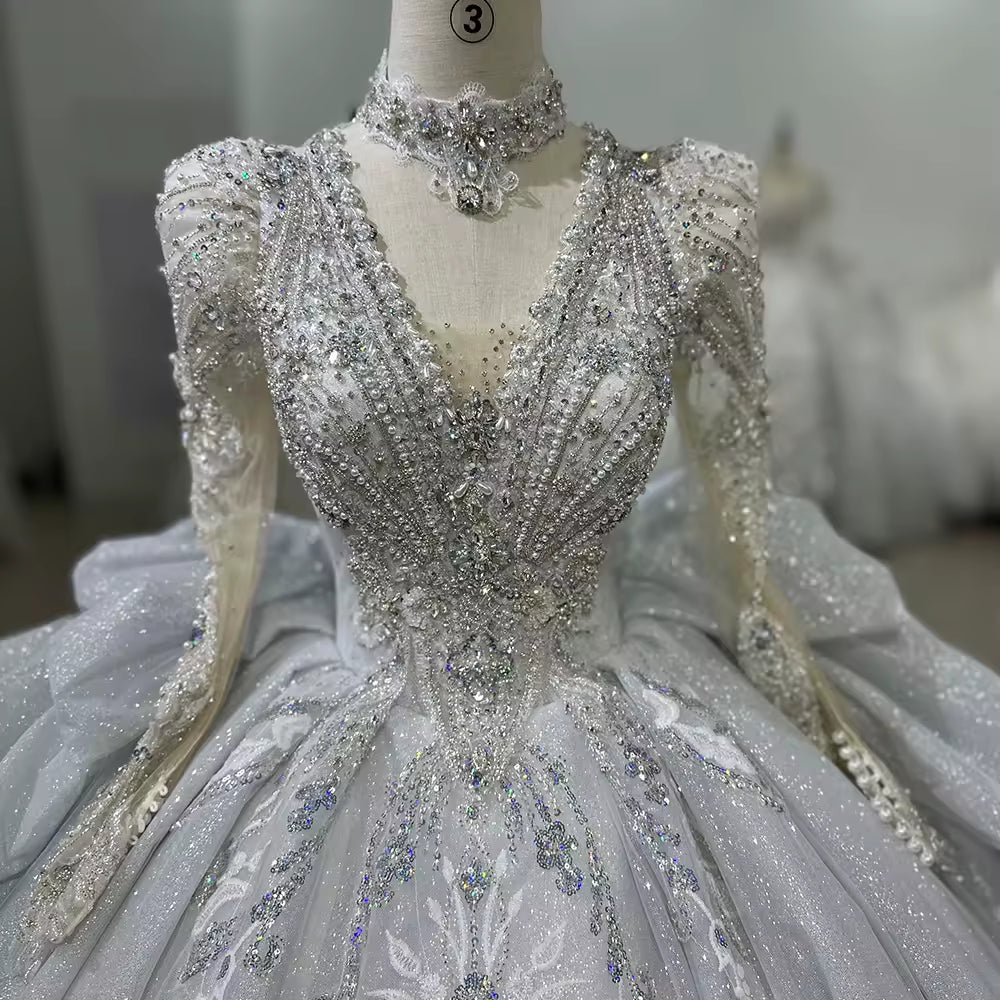 TW174 Vestido De Noiva Casamento Cívil V-Neck Long Sleeve Lace Up Keyhole Back Beading Embroidery Wedding Dress Ball Gown Bridal Dress