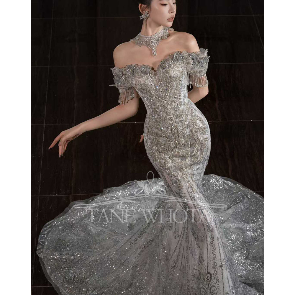 TW662 Sweetheart Off-Shoulder Embroidery Beading Sequined Crystal Sheath Wedding Dress Customized Vestido De Noiva Casamento
