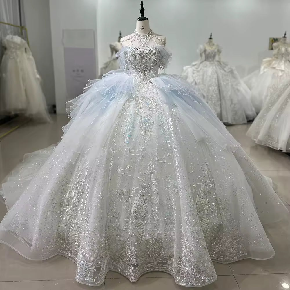 TW175 Vestido De Bodas Novia Blue Ball Gown Beading Sequined Wedding Dress Halter Off Shoulder Lace Up Back Wedding Dress