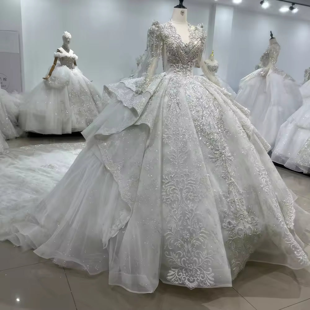 TW149 Vestido De Casamento Noiva Long Sleeve Scalloped V Neck Wedding Dress Lace Up Back Beading Crystal Ball Gown Bridal Dress