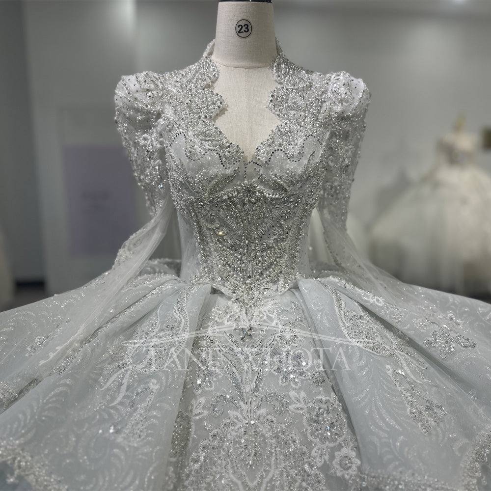 TW592 Women's Scalloped Long Sleeve Lace-Up Back Beaded Sequined Wedding Dress Customized Ball Gown Keyhole Detail