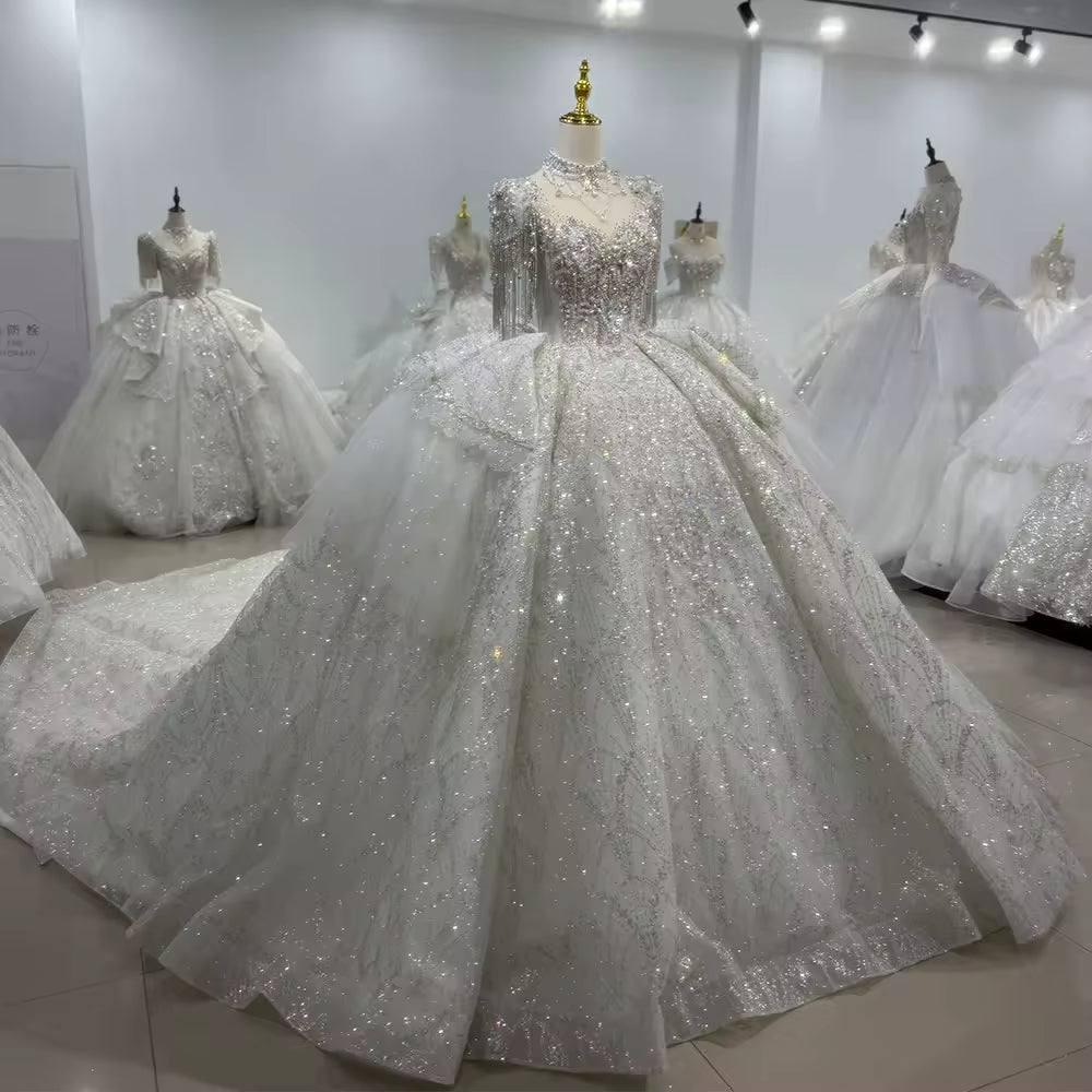 TW109 düğün elbisesi Short Sleeve O-Neck Wedding Dress Lace Up Back Beading Crystal Embroidery Sequined Ball Gown Bridal Dress
