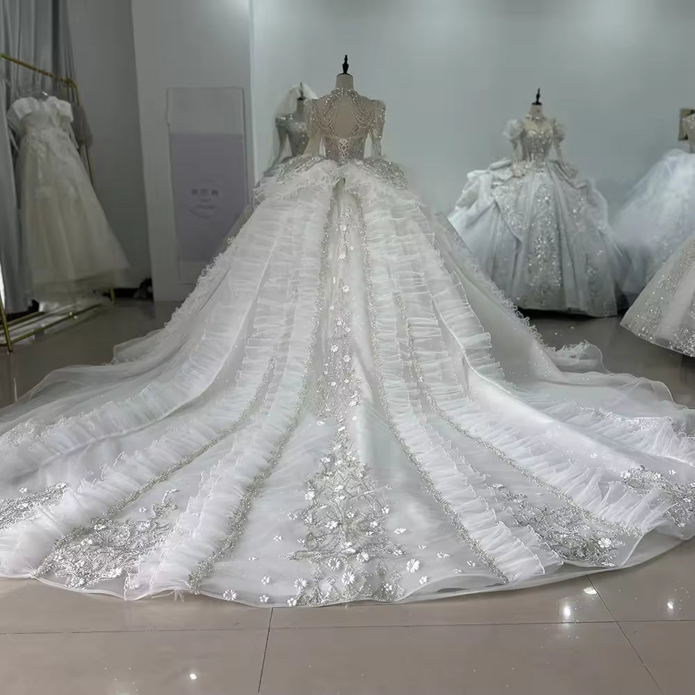 TW178 Vestidos Boda V-Neck Long Sleeve Wedding Dress Lace Up Keyhole Back Beading Crystal Ball Gown Bridal Dress