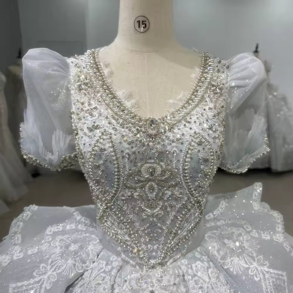 TW187 White Dress Bridal V-Neck Long Or Half Sleeve Wedding Dress Lace Up Back Beading Crystal Embroidery Ball Gown Bridal Dress